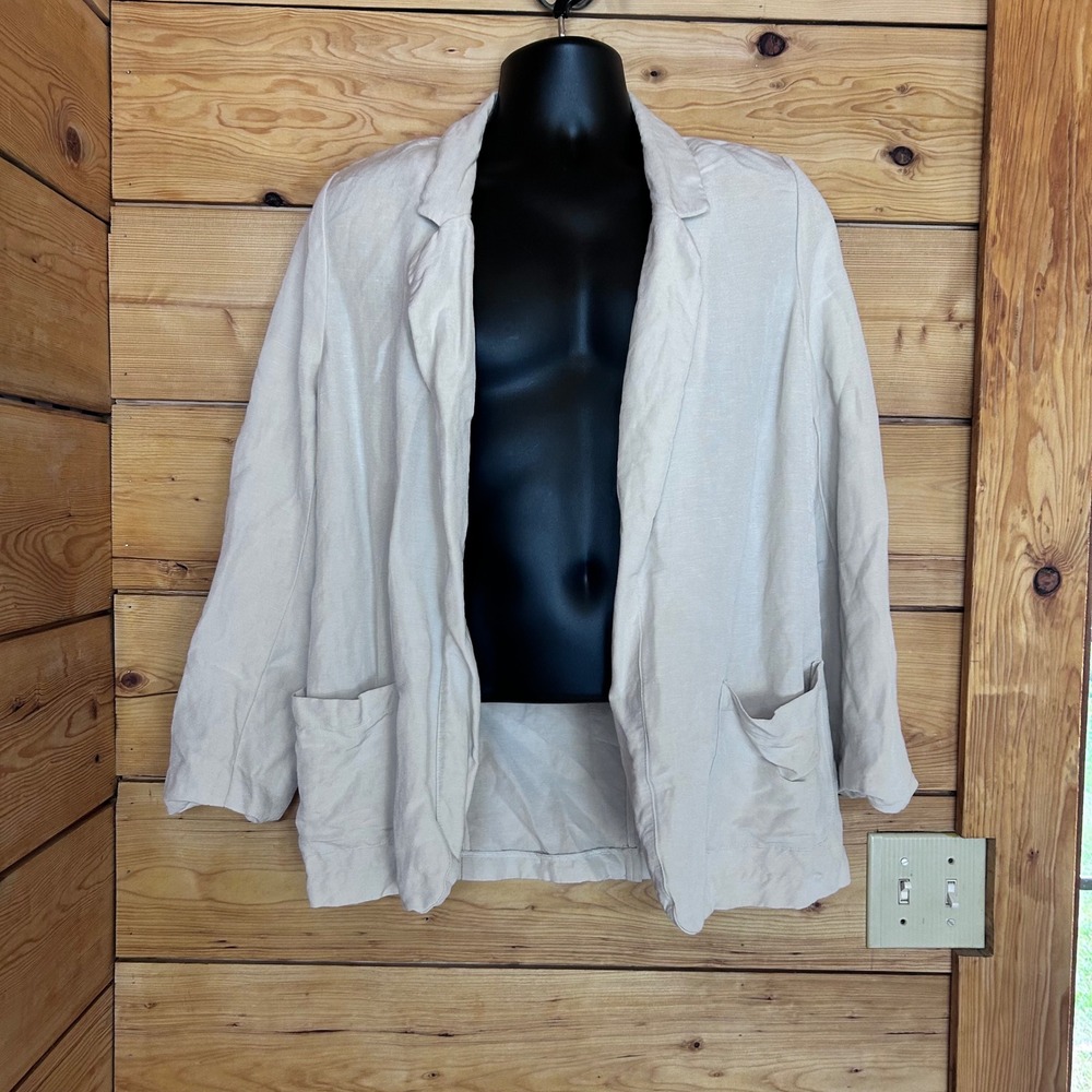 Linen Blazer Womens Medium Oatmeal Beige Open Front Summer Jacket Old Navy